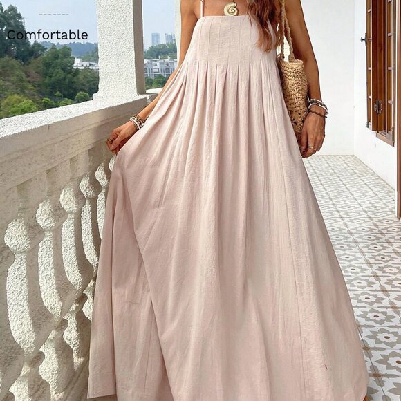 Apricot Boho Womens Linen-like Sleeveless Spaghetti Straps Loose Fit Beach Dress - Picture 7 of 8